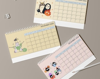 Calendário de mesa Studio Ghibli 2026 | Esboços de personagens de anime. Decoração de parede e produtos com temas de desenhos animados e animes.