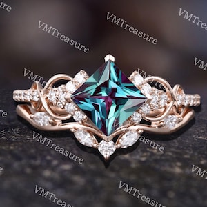 Princess Alexandrite Engagement Ring Set,Moissanite Cluster Art Deco Bridal Set,Color Changed Cluster Ring,June Birthstone,Twist Stack Ring
