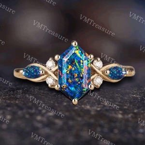 Hexagon Cut Black Fire Opal Engagement Rings Rose Gold Promise Rings For Women Marquise Black Opal Moissanite Anniversary Ring Vintage Ring