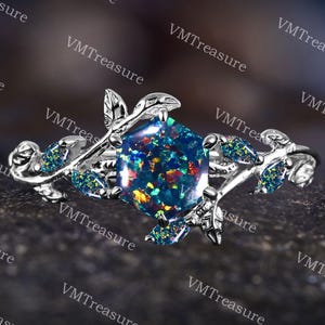 Hexagon Black Opal Engagement Ring Branch Leaf Cluster Opal Wedding Band June Birthstone Stacking Ring Bridal Promise Gift For Her