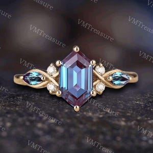 Vintage Hexagon Cut Alexandrite Engagement Ring,Color Changed Cluster Ring,Marquise Moissanite Ring,Women June Birthstone Stack Wedding Ring