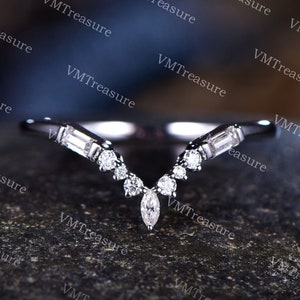 Marquise Moissanite Wedding Band,Baguette Moissanite,Vintage Retro Sterling Silver Ring,Women V Curved Stacking Matching Band,Bridal Gift