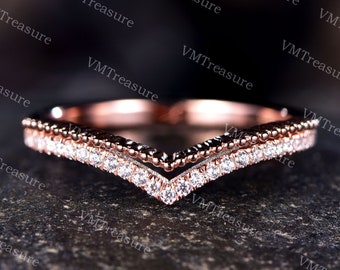 Vintage Moissanite Curved Wedding Band Diamond Ring Rose Gold Split Shank Ring Double Curved Stack Wedding Band Anniversary Rings For Women