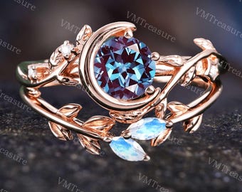Vintage ronde alexandriet verlovingsring set natuur geïnspireerde bruids set voor vrouwen Rose goud JuneBirthstone belofte ring maan blad ring