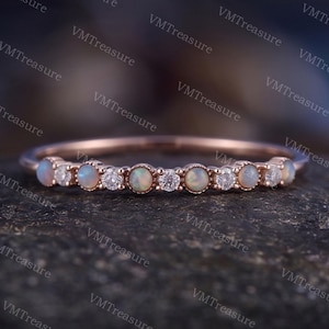 Vintage Feueropal-Stapelring, Opal-Moissanit-Diamantring, Feueropal-Geburtsstein-Ehering (Oktober), Opal-Stapelring aus Roségold
