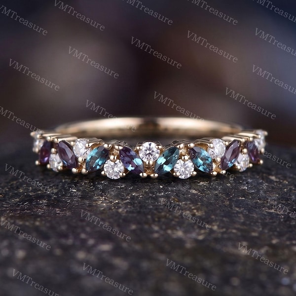 Vintage Marquise Alexandrite Wedding Band,Moissanite Sterling Silver Ring,June Birthstone Stack Ring Bridal Wedding Ring, Anniversary Ring