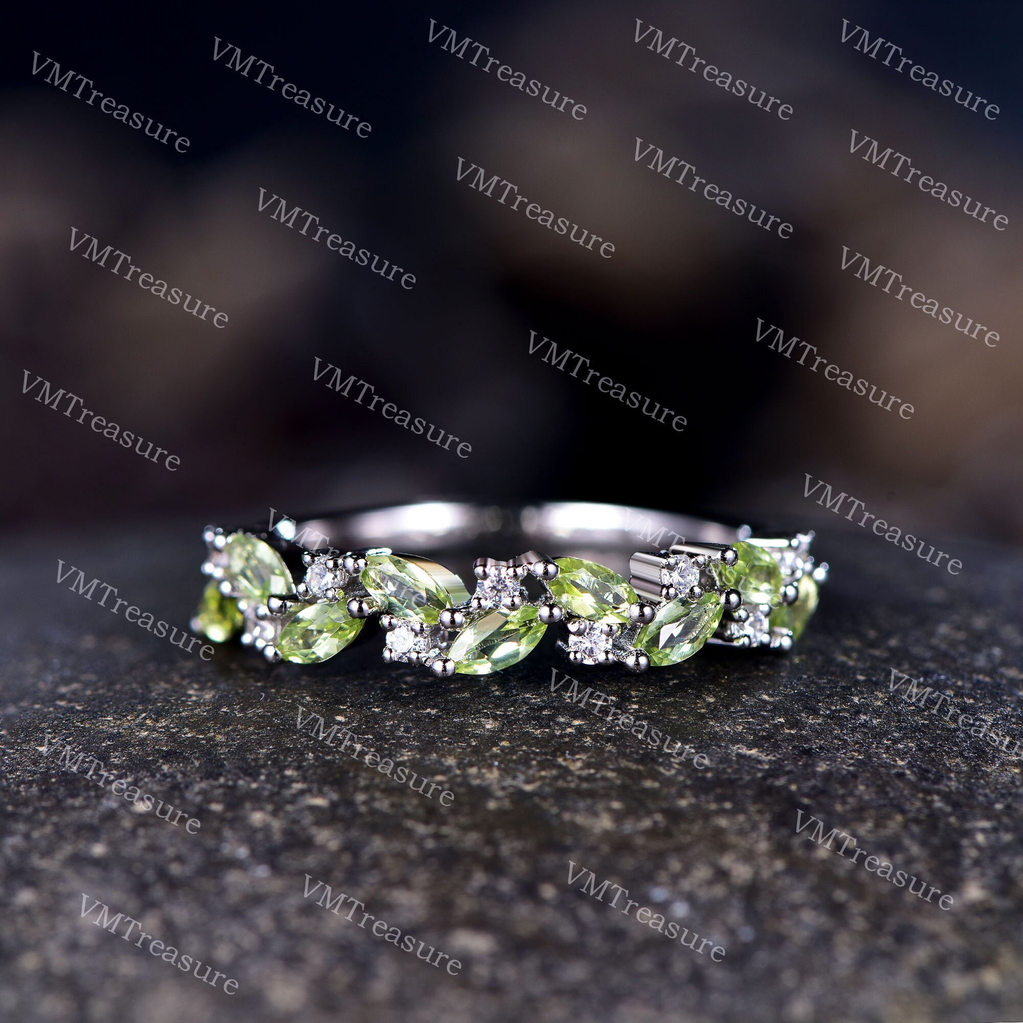 Vintage Peridot Wedding Band White Gold Ring Marquise Peridot Diamond Cluster Ring August Birthstone Ring Retro Stacking Band Gift for Women