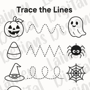 Könnte beinhalten: Schwarz-weiß Halloween-Arbeitsblatt mit dem Text "Trace the Lines". Enthält Illustrationen von Kürbis, Geist, Zuckermais, Spinne, Hexenhut, Spinnennetz, Totenkopf, Fledermaus, schwarzer Katze und Spukhaus, jeweils mit einer gestrichelten Linie.