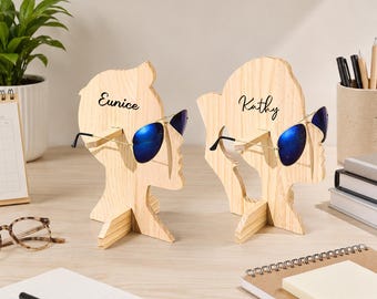 Custom Engravable Wooden Sunglasses Display Stand Head Shape Eyeglasses Holder for Counter Unisex Desk Organizer