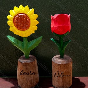 Handmade Wooden Flower Figurine,Wood Tulip Sunflower Sculpture,Flower Garden Ornament Decoration,Wooden Ornaments,Desk Decor,Gift For Her