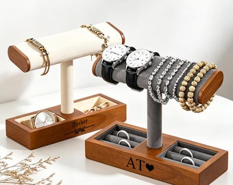 Personalized Wooden Watch Stand, Solid Wood Oval Watch Holder, Custom Engraved Bracelet Display Stand