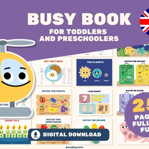 Op de afbeelding: Een digitale download van een drukboek voor peuters en kleuters. Het boek heeft 25 pagina's vol leuke activiteiten, waaronder matching games, telspelletjes en kleurherkenningsspellen. Het boek is geïllustreerd met kleurrijke cartoonfiguren en objecten.
