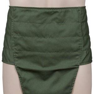 May include: A green quilted fabric waist belt with a triangular shape at the bottom.