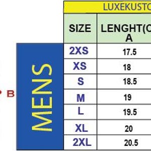 May include: A chart showing men's glove sizing with measurements in centimeters. The chart shows the size, length, and width of the glove in centimeters. The chart is labeled "LUXEKUSTOMKRAFT".