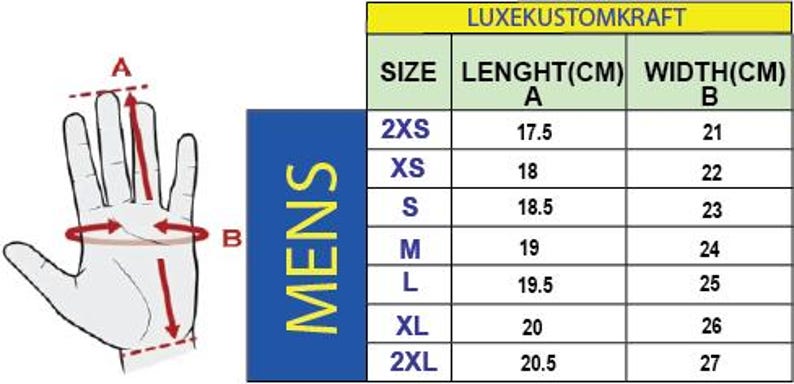 May include: A chart showing men's glove sizing with measurements in centimeters. The chart shows the size, length, and width of the glove in centimeters. The chart is labeled "LUXEKUSTOMKRAFT".