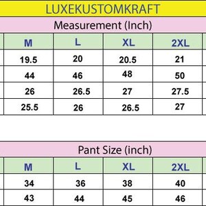 May include: Size chart for shirts and pants in inches. The chart shows measurements for shoulder, chest, length, sleeve, waist, and length for sizes XS to 5XL.