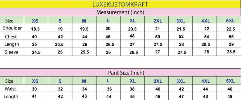 May include: Size chart for shirts and pants in inches. The chart shows measurements for shoulder, chest, length, sleeve, waist, and length for sizes XS to 5XL.
