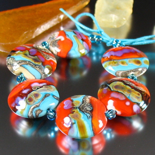 DESERT SUNSET Handmade Glass Lampwork Lentil Beads Set of 6 SRA Vivid Southwest Colors