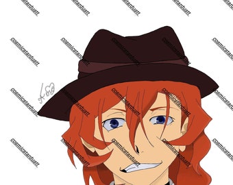 May include: A red-haired person with a smirk wearing a brown fedora and a black shirt with a black choker.