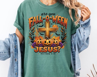 Fall-O-Ween Jesus T-Shirt, Christian Halloween Tee, Matthew 4:19 Pumpkin Cross Top