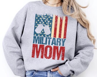 Distressed American Flag Military Mom Sweatshirt, Patriotic Crewneck Support Pullover