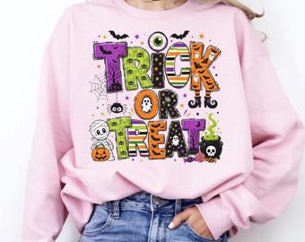 Trick or Treat Halloween Crewneck Sweatshirt, Spooky Ghost Spider Mummy Top (Pink)