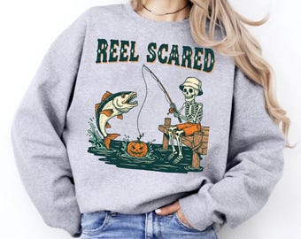 Reel Scared Skeleton Fishing Halloween Sweatshirt, Spooky Fish Pumpkin Top