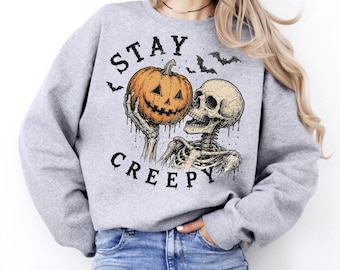 Stay Creepy Halloween Sweatshirt, Skeleton Pumpkin Bat Crewneck, Spooky Dog Mom Gift