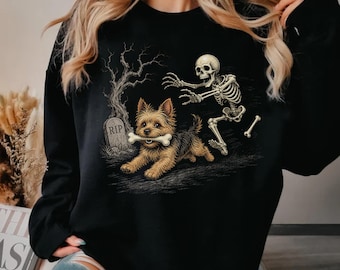 Yorkie Halloween Sweatshirt, Skeleton Steals Bone, Dog Mom Gift (Crewneck)