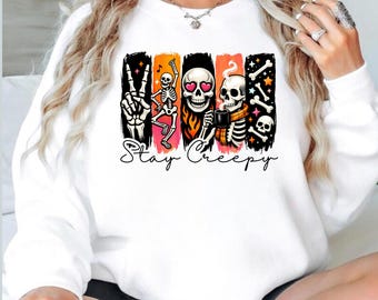 Stay Creepy Halloween Sweatshirt, Colorful Skeleton Panels, Coffee Lover Top