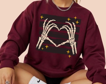 Gothic Skeleton Heart Sweatshirt, Spooky Valentine Crewneck, Gold Sparkle Stars (Heather Gray)