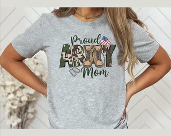 Bella Canvas, Proud Army Mom Shirt, Camo Boots Graphic Tee, Military Support Apparel