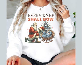 Santa Kneeling at Jesus Christmas Sweatshirt | Faith Holiday Pullover