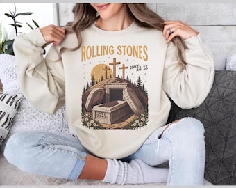 He Is Risen Easter Sweatshirt, Rolling Stones AD 33, Christian Graphic Top