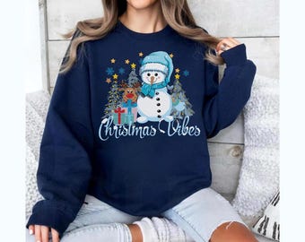 Christmas Vibes Sweatshirt – Snowman & Reindeer Holiday Sweater
