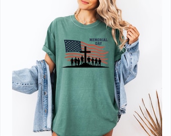 Memorial Day T Shirt Patriotic Cross USA Flag Veteran Tribute