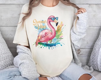 Summer Vibes Flamingo Shirt, Beach Graphic Tee, Tropical Vacation Outfit, Pink Flamingo T-Shirt Gift