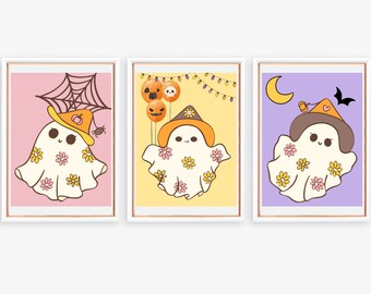 Cute Pastel Pink Ghost Halloween Decor-Set of 3 Matching Cute Halloween Prints-Boho Ghosts with Flowers- Pastel Halloween Wall Art for Girls