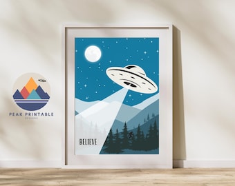 UFO abduction Bigfoot- UFO Poster- Bigfoot Poster- Believe Poster- Flying Saucer- Abduction- Mountains & Trees Art Print- Cryptid Sasquatch