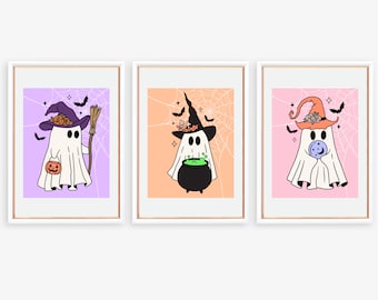 Cute Pink Pastel Halloween Decor Boho Wall Art Cute Ghost Print Set Pastel Pink Halloween Decor Set of 3 Matching Ghosts Wearing Witch Hats