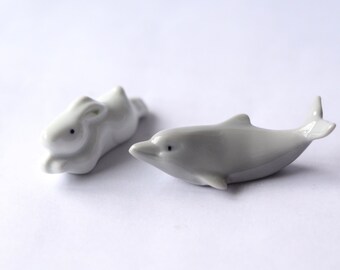 20% Discounts - Vintage Japanese Hashi-oki chopstick rest-Set of 2 in shape of white rabbit and grey dolphin