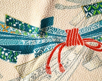 Vintage Furoshiki 67cm x 71cm wrapping cloth-Beige Silk Chirimen with illustration of Japanese Noshi or ribbon tassel