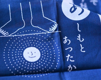 Japanese Tenugui fabric 90cm x 35cm or Japanese hand towel-Illustration on sun , earth, house, people etc