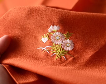 Furoshiki 47cm x 50cm wrapping cloth - Orange polyester chirimen with embroidered flowers