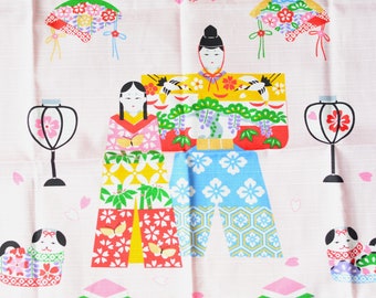 Furoshiki 48cm x 50cm reusable bento or gift wrapping cloth - Pink with Hinamatsuri Girl Doll Day Celebration