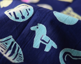 Japanese Tenugui fabric 88cm x 35cm or Japanese hand towel-Colourful folk art in blue cotton