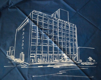 20% Discounts - Vintage Furoshiki 70cm x 72cm wrapping cloth-Building illustration on blue nylon fabric