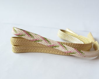 Vintage Japanese Kimono Obi-jime or kimono belt in shade of greenish yellow and beige with little pink and green in flat braided pattern