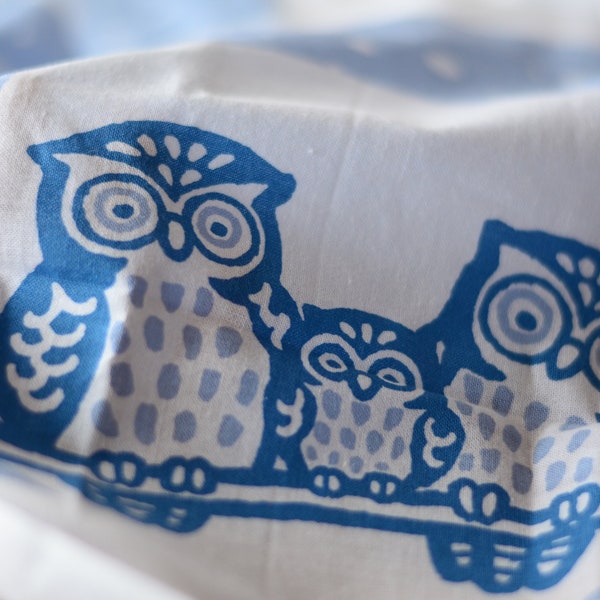 Japanese Tenugui fabric 91cm x 36cm or Japanese hand towel-Owl family in blue cotton