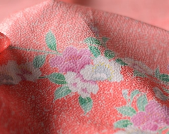 Vintage Furoshiki 68cm x 71cm wrapping cloth-Peach Rayon Chirimen with white and purple flowers